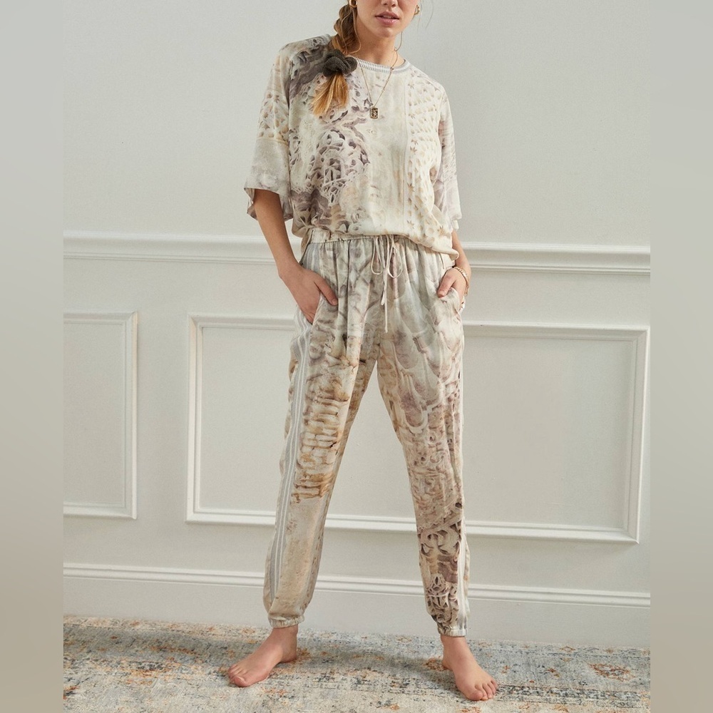 Tiny x Anthropologie Valetta Joggers Cream & Tan Print Gray Racing Stripe Sz S